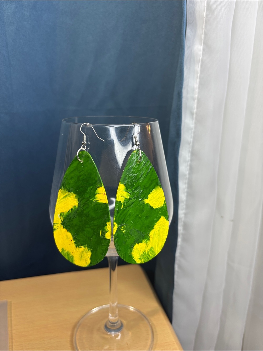 Hand-Painted Green and Yellow Teardrop Earrings - Unbranded